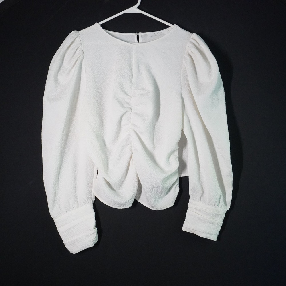ASTR The Label Ruched Blouse Puff Long Sleeve Textured White Top XL